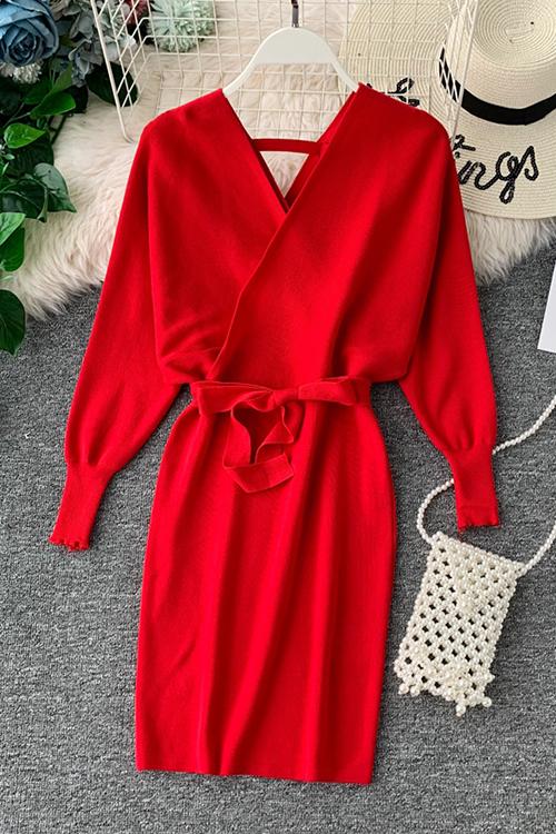 V Neck Off Shoulder Mini Dress - Fashionpara