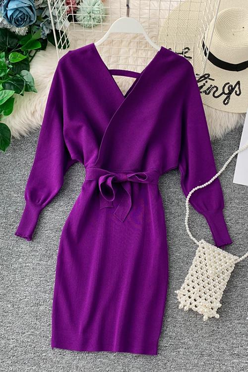 V Neck Off Shoulder Mini Dress - Fashionpara