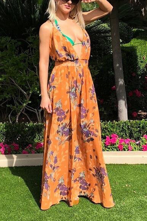 V Neck Backless Slip Maxi Dress - Fashionpara