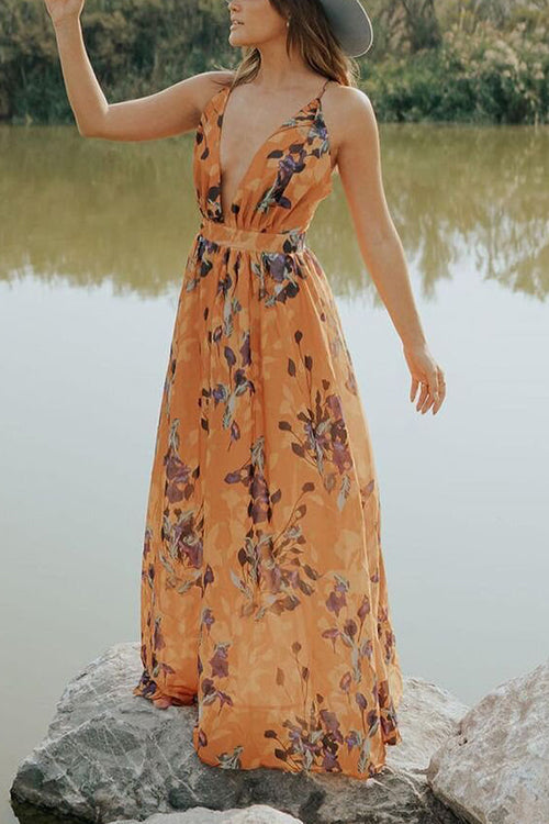 V Neck Backless Slip Maxi Dress - Fashionpara
