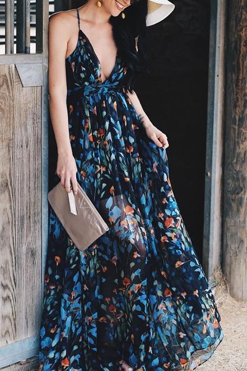 V Neck Backless Slip Maxi Dress - Fashionpara