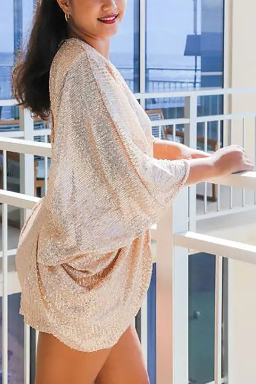 V Neck Sequins Backless Bat Ruched Mini Dress - Fashionpara