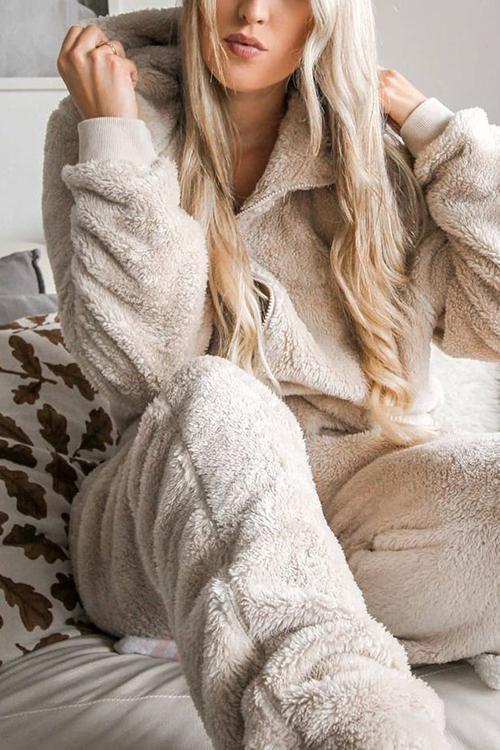 Fuzzy Hoodie Collar Jumpsuit Pajamas - Fashionpara