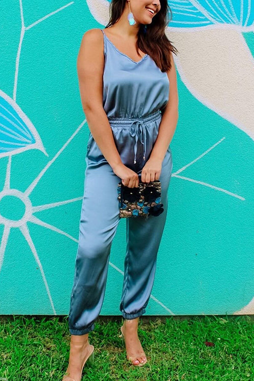 Strappy V Neck Elastic Waist Jumpsuit - Fashionpara