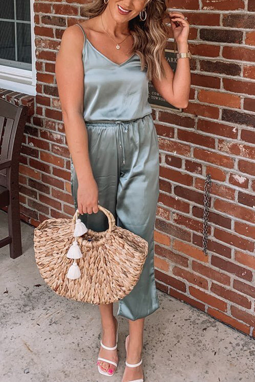 Strappy V Neck Elastic Waist Jumpsuit - Fashionpara
