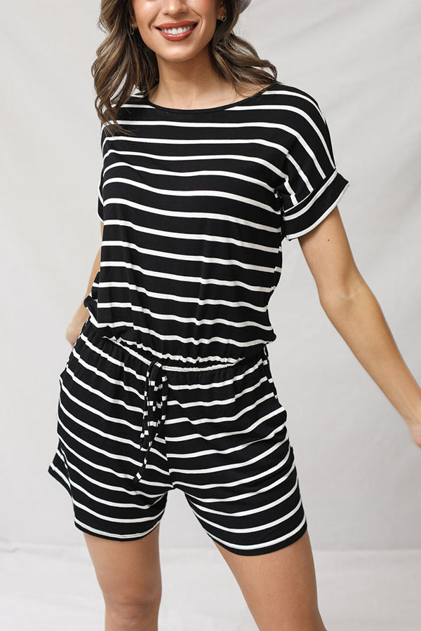 Stripe Print Drawstring Waist Casual Romper - Fashionpara