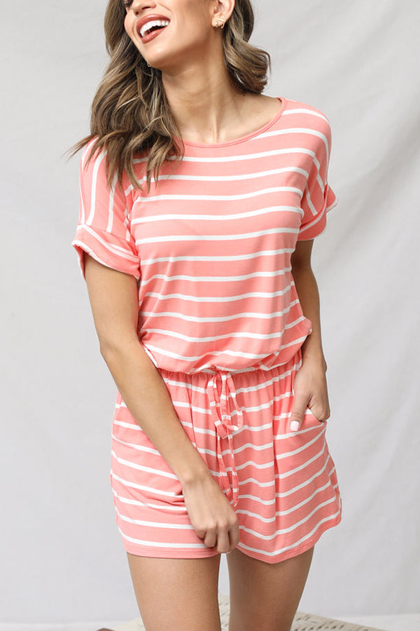 Stripe Print Drawstring Waist Casual Romper - Fashionpara