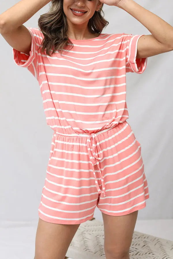 Stripe Print Drawstring Waist Casual Romper - Fashionpara