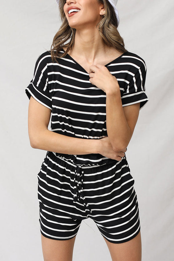 Stripe Print Drawstring Waist Casual Romper - Fashionpara
