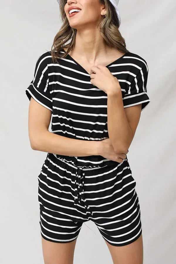 Stripe Print Drawstring Waist Casual Romper - Fashionpara