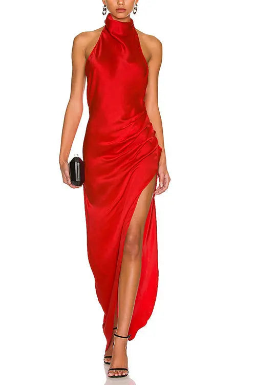 Hang Neck Irregular Hem Open Back Maxi Dress - Fashionpara