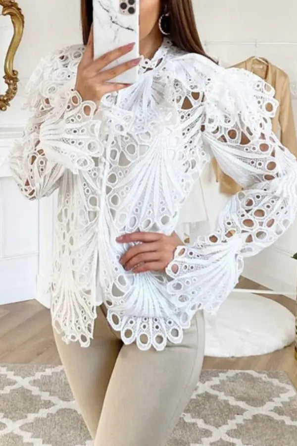 Hollow Lace Button Up Top - Fashionpara