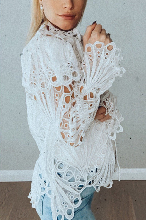 Hollow Lace Button Up Top - Fashionpara