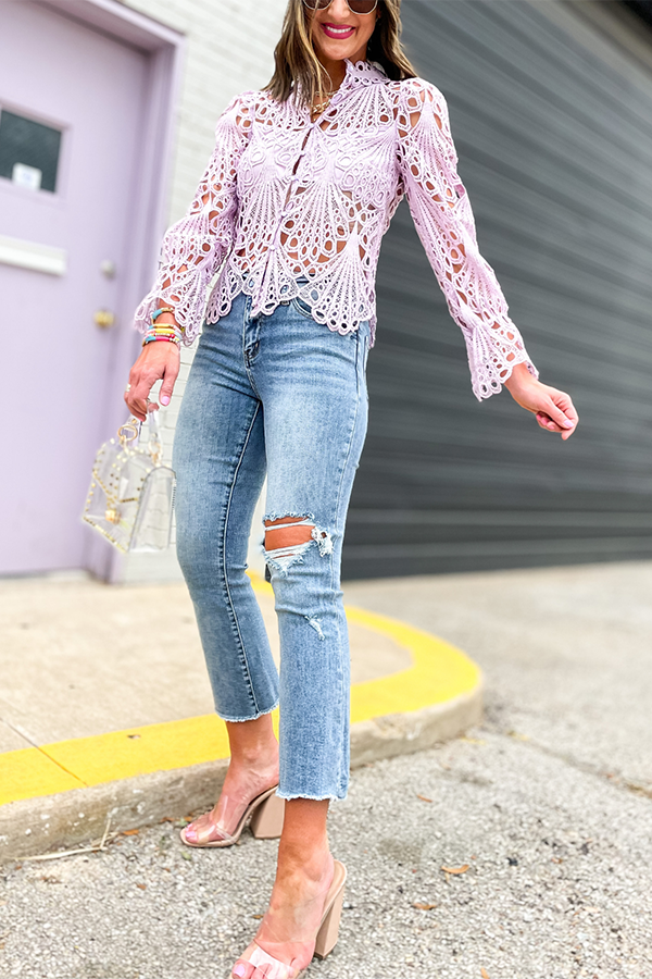 Hollow Lace Button Up Top - Fashionpara