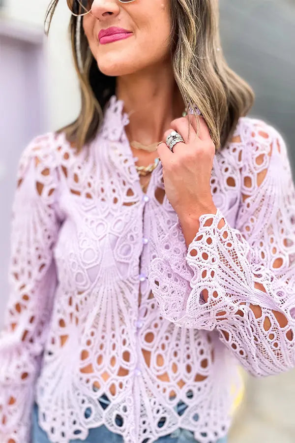 Hollow Lace Button Up Top - Fashionpara
