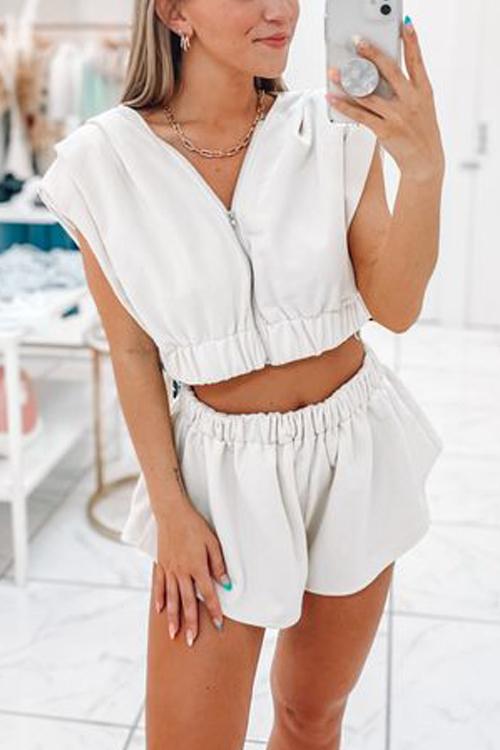 Zipper Sleeveless Crop Hooeded Jackets Shorts Set - Fashionpara