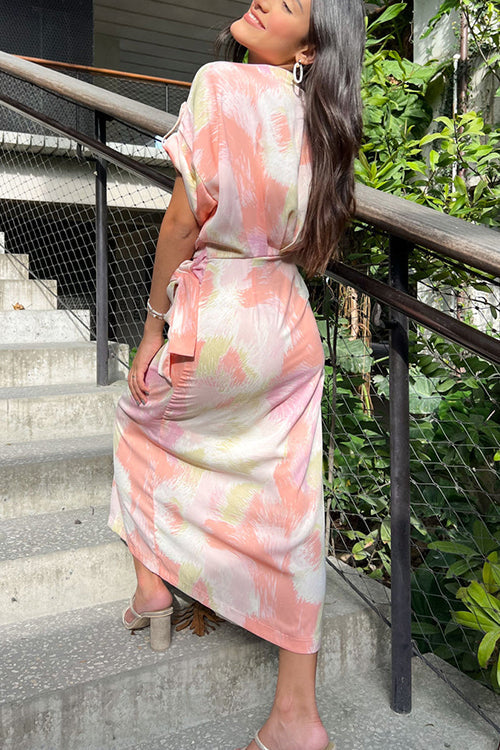 Night Out On The Town Coral Abstract Midi Dress - Fashionpara