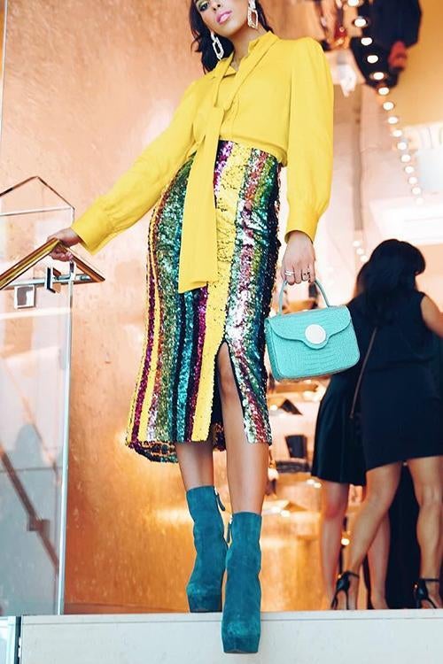 Colorful Sequin Slit Skirts - Fashionpara