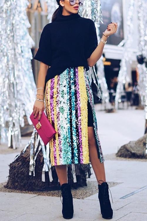 Colorful Sequin Slit Skirts - Fashionpara