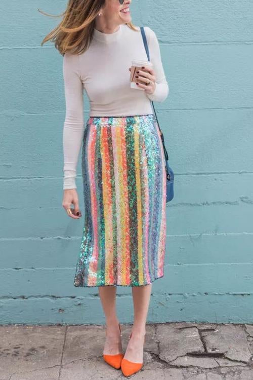 Colorful Sequin Slit Skirts - Fashionpara