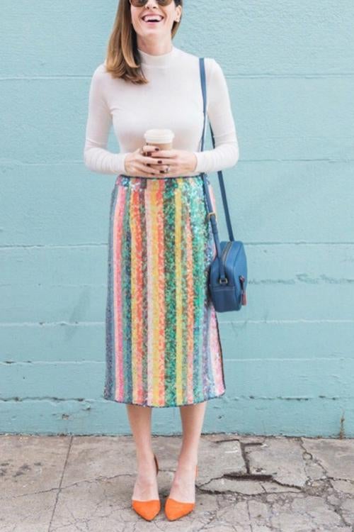 Colorful Sequin Slit Skirts - Fashionpara