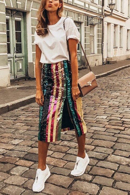 Colorful Sequin Slit Skirts - Fashionpara