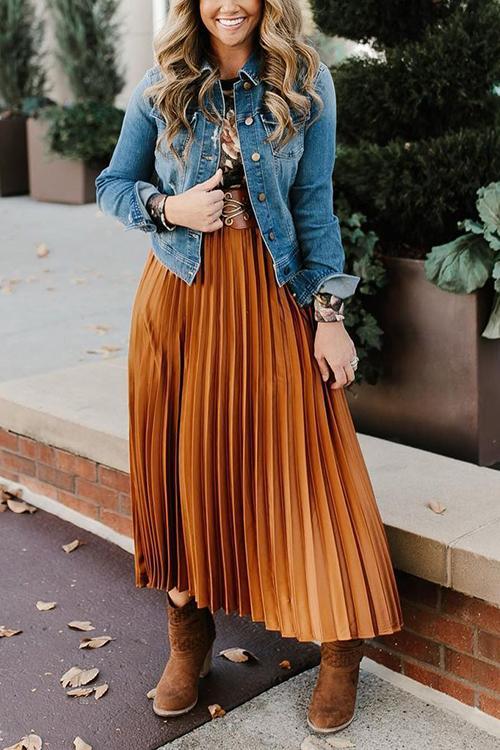Metallic Pleated Maxi Skirts - Fashionpara