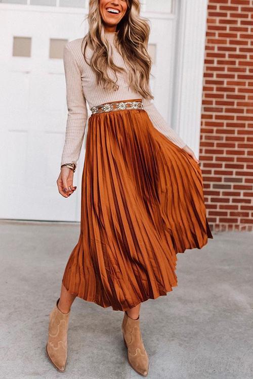 Metallic Pleated Maxi Skirts - Fashionpara