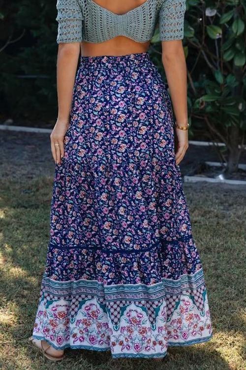 Floral Print Drawstring Waist Maxi Skirts - Fashionpara