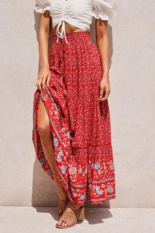 Floral Print Drawstring Waist Maxi Skirts - Fashionpara