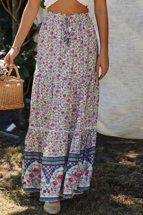 Floral Print Drawstring Waist Maxi Skirts - Fashionpara