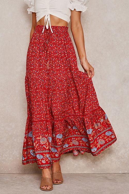 Floral Print Drawstring Waist Maxi Skirts - Fashionpara