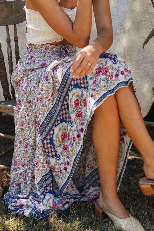 Floral Print Drawstring Waist Maxi Skirts - Fashionpara