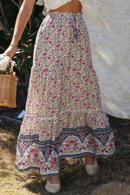 Floral Print Drawstring Waist Maxi Skirts - Fashionpara