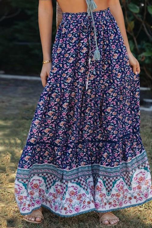 Floral Print Drawstring Waist Maxi Skirts - Fashionpara