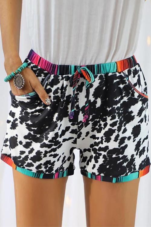 Leopard Patchwork Drawstring Shorts - Fashionpara