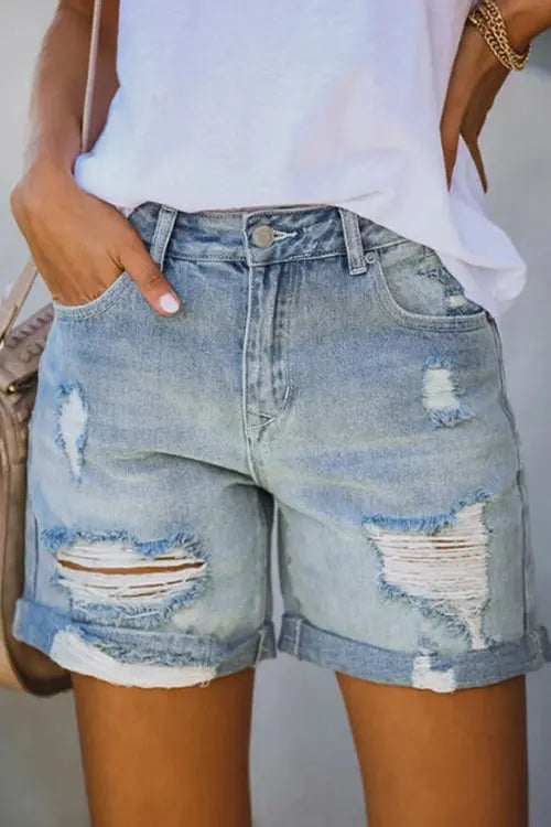 Distressed Denim Mom Shorts - Fashionpara