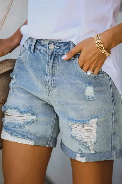 Distressed Denim Mom Shorts - Fashionpara