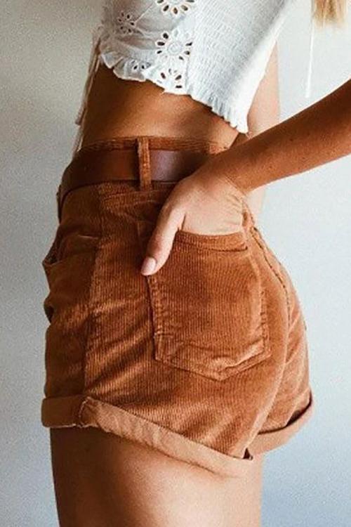 Corduroy High Waist Shorts - Fashionpara