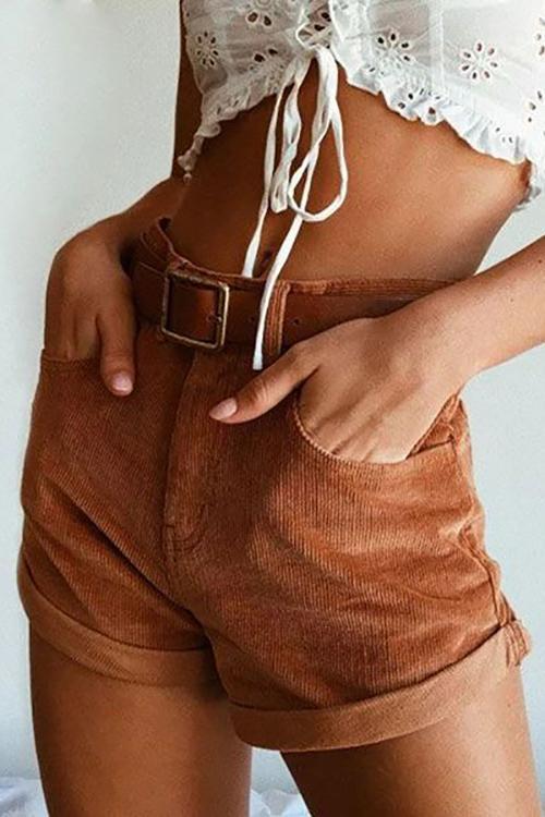 Corduroy High Waist Shorts - Fashionpara