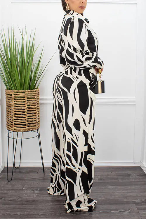 Turndown Collar Lace-Up Digital Print Jumpsuit - Fashionpara