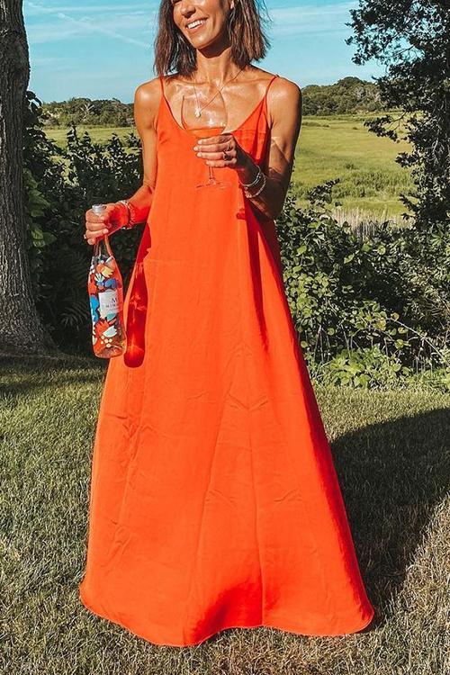 Linen Solid Pockets Slip Maxi Dress - Fashionpara