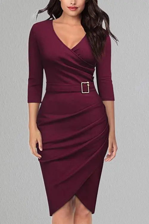 V Neck Seven Sleeves Dress - Fashionpara