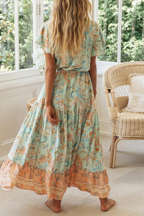 Boho Print Button Tassesl Maxi Dress - Fashionpara
