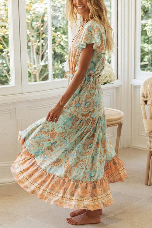 Boho Print Button Tassesl Maxi Dress - Fashionpara