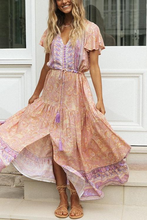 Boho Print Button Tassesl Maxi Dress - Fashionpara
