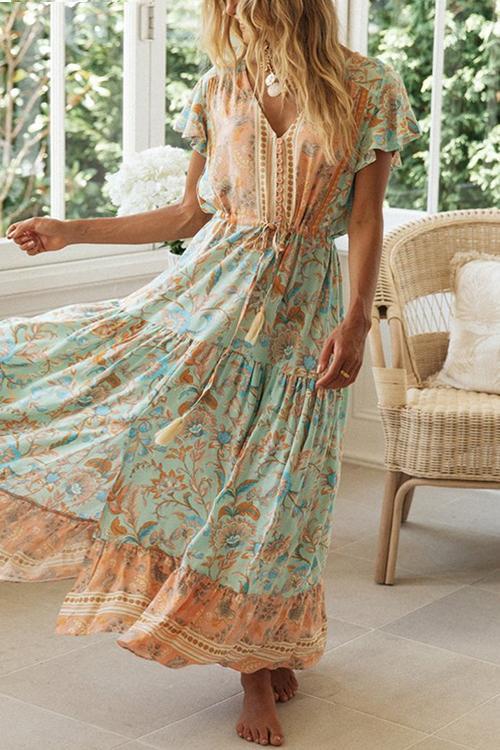 Boho Print Button Tassesl Maxi Dress - Fashionpara