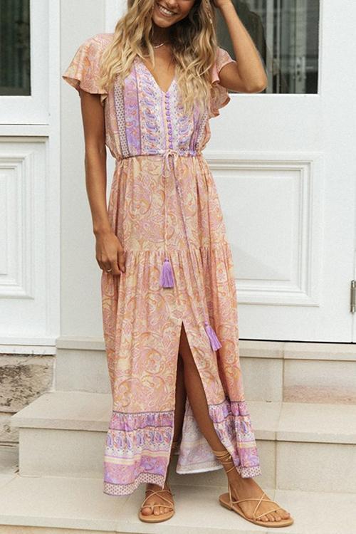 Boho Print Button Tassesl Maxi Dress - Fashionpara