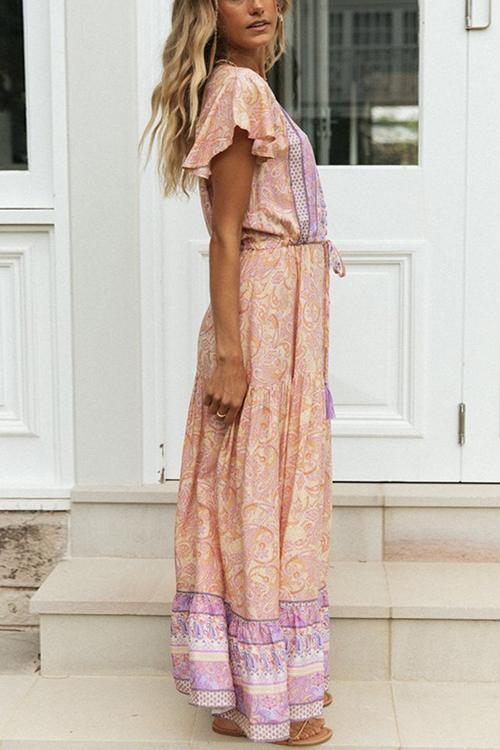 Boho Print Button Tassesl Maxi Dress - Fashionpara