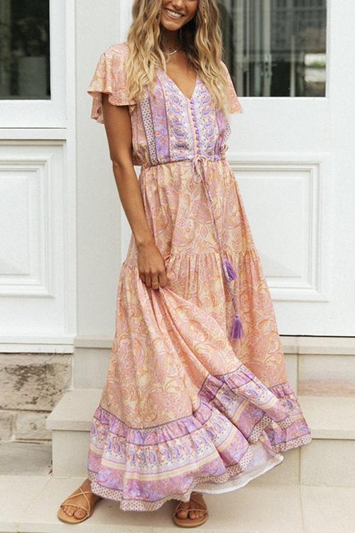 Boho Print Button Tassesl Maxi Dress - Fashionpara